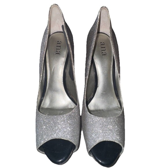 a.n.a Silver Sparkle Glitter Peep Toe Platform Stiletto Heels 7 1/2 - Picture 2 of 9